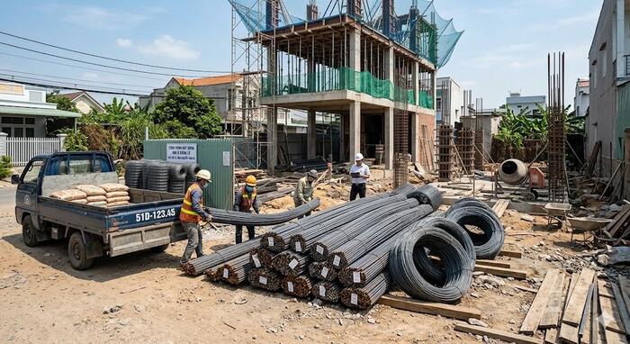  Sắt thép được tập kết tại công trình dân dụng trước khi thi công